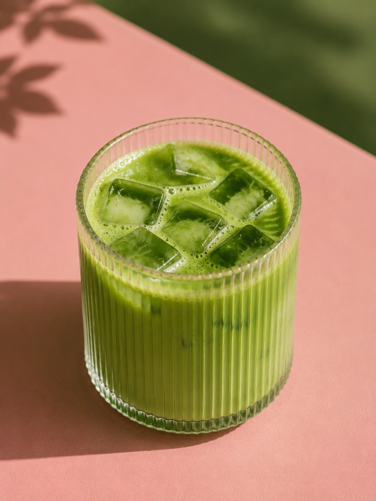 Iced matcha in a ribbed glass