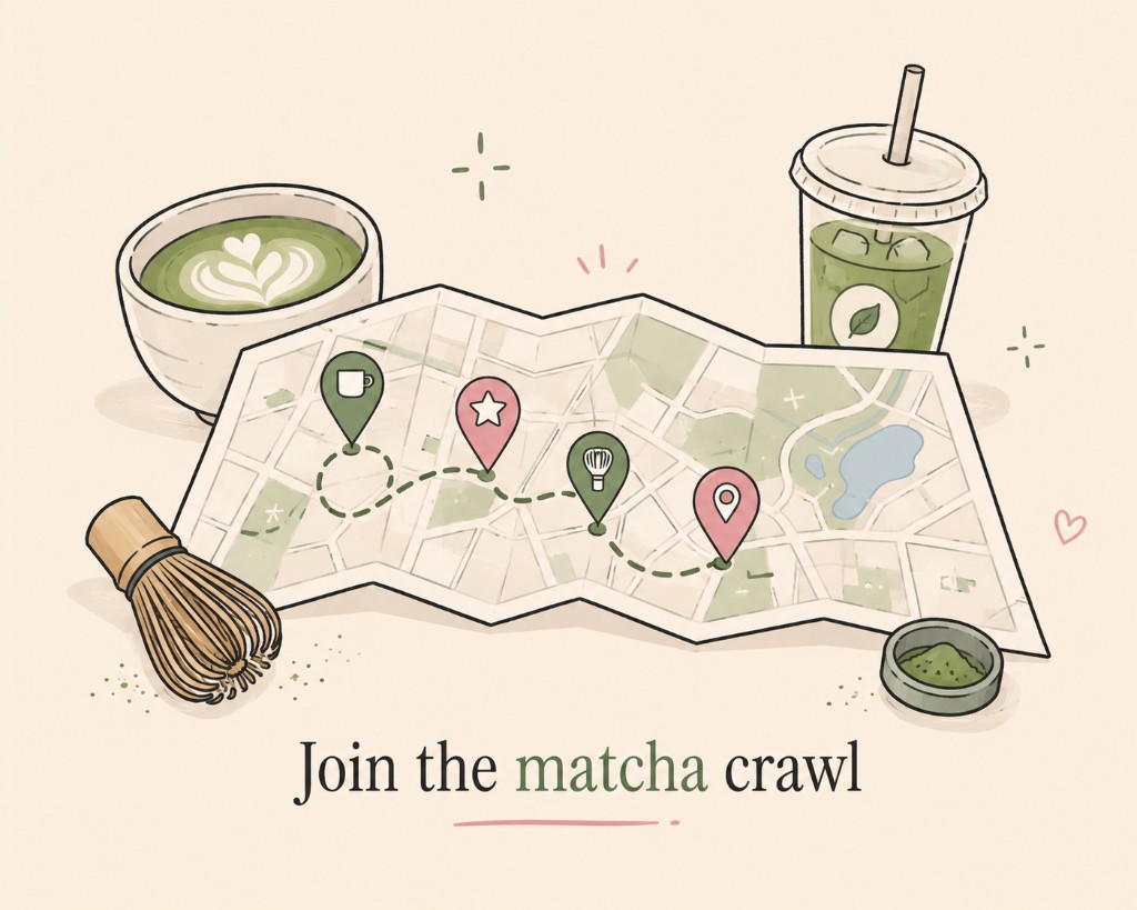 Illustration of a matcha crawl map with drinks and tea tools
